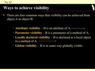 Ways to achieve visibility There are four common ways that visibility can be achieved from object A to object B: Attribute visibility  – B is an attribute of A. Parameter visibility  – B is a parameter of a method of A. Locally declared visibility  – B is declared as a local object in a method of A. Global visibility  – B is in some way globally visible. 