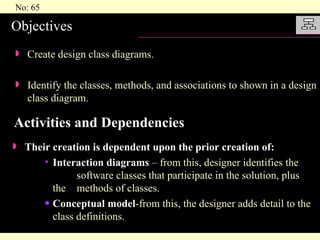 Activities and Dependencies Their creation is dependent upon the prior creation of: Interaction diagrams  – from this, designer identifies the  software classes that participate in the solution, plus the  methods of classes. Conceptual model -from this, the designer adds detail to the class definitions. Objectives  Create design class diagrams. Identify the classes, methods, and associations to shown in a design class diagram. 
