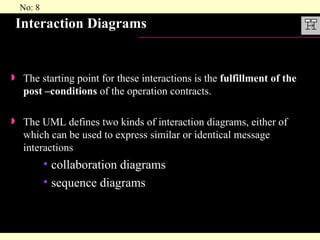 Interaction Diagrams The starting point for these interactions is the  fulfillment of the post –conditions  of the operation contracts. The UML defines two kinds of interaction diagrams, either of which can be used to express similar or identical message interactions collaboration diagrams sequence diagrams 