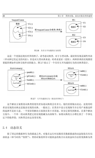 20                            第2章    类和对象：面向对象范型的建材




               图 2.6 具有互不沟通的行为的类


  这是一个更接近现实世界的例子。请考虑词典类。对于小型词典，最好的实现是属性列表
（单词和它们定义的列表），但是对大型词典来说，哈希表更好（更快）  。两种辞典的实现都需
要提供增加单词和寻找单词的能力。图 2.7 展示了一个具有互不沟通的行为的词典类设计。




             图 2.7 互不沟通的行为（现实世界例子）


  这个解决方案假设词典类的使用者知道词典将会有多大。他们需要做出决定，是使用哈
希表实现的词典还是链表实现的词典。一般而言，在类名中显示实现细节并让用户来做这样
的选择不是好主意。一个更好的解决方案留在第 5 章讲述，因为它要用到继承。在那个解决
方案中，一个单一的词典类把它的实现隐藏为内部细节。如果词典的大小增长到了一个事先
定下的临界值，词典类会决定改变实现。



2.4   动态语义
  除了固定的数据和行为的描述之外，对象在运行时还随着其数据描述的动态取值具有局
部状态（即当时的“快照”。类的对象的所有可能状态的集合以及状态间合法的变换称为类
            ）
 