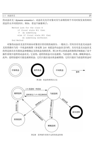 2.4   动态语义                                      21

的动态语义（dynamic semantics）。动态语义允许对象对其生命期的两个不同时候发来的相同
消息作出不同的回应。例如，看这个抽象例子：
        Method junk for the class X
             if (local state #1) then
              F do something
             else if (local state #2) then
                 do something different
        End Method

  对象的动态语义是任何面向对象设计的有机组成部分。一般而言，任何具有有意义动态语
义的类都应当用一个状态转换图（参见图 2.8）来把这些动态语义归档。具有有意义动态语义
的类是指具有有限状态和精确定义的状态变换的类。图 2.9 所示的状态转换图详细描述了某个
操作系统中进程的动态语义。它表明，进程的状态可以是就绪、当前进程、阻塞、睡眠和退出。
此外，进程创建时只能是就绪状态，它们只能在退出状态被销毁，它们只能在当前进程状态时




                             图 2.8 状态转换图表示法




                        图 2.9 某种操作系统中过程的状态转换
 
