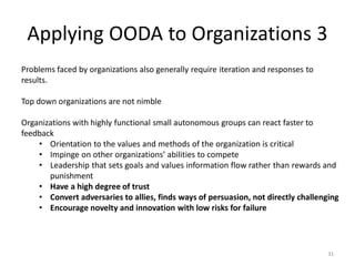 Applying OODA to Organizations 3
Problems faced by organizations also generally require iteration and responses to
results...