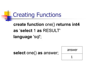 Creating Functions
create function one() returns int4
as ‘select 1 as RESULT'
language 'sql';
select one() as answer;
answer
1
 