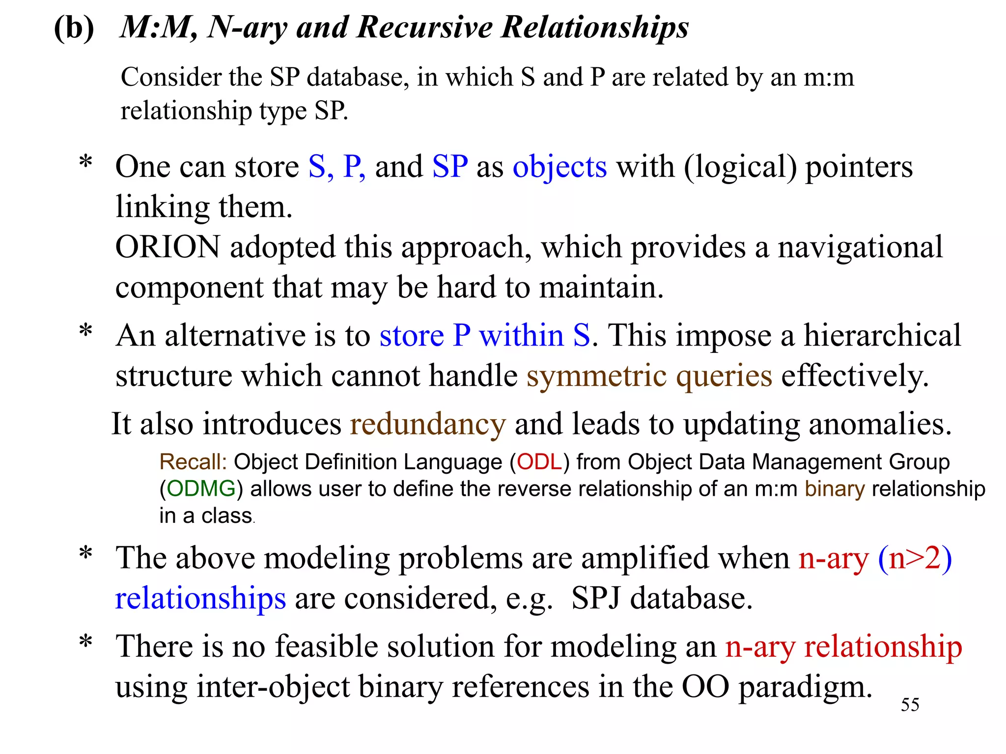 55
(b) M:M, N-ary and Recursive Relationships
Consider the SP database, in which S and P are related by an m:m
relationship type SP.
* One can store S, P, and SP as objects with (logical) pointers
linking them.
ORION adopted this approach, which provides a navigational
component that may be hard to maintain.
* An alternative is to store P within S. This impose a hierarchical
structure which cannot handle symmetric queries effectively.
It also introduces redundancy and leads to updating anomalies.
Recall: Object Definition Language (ODL) from Object Data Management Group
(ODMG) allows user to define the reverse relationship of an m:m binary relationship
in a class.
* The above modeling problems are amplified when n-ary (n>2)
relationships are considered, e.g. SPJ database.
* There is no feasible solution for modeling an n-ary relationship
using inter-object binary references in the OO paradigm.
 
