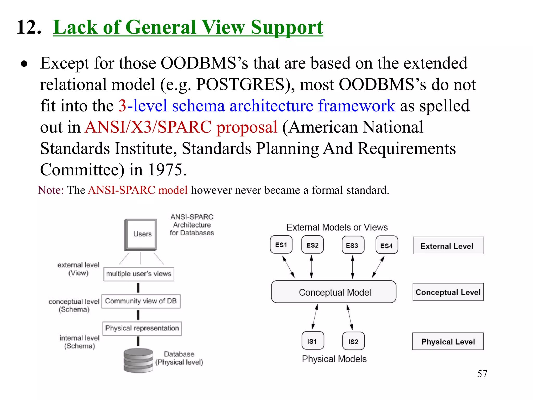 57
12. Lack of General View Support
• Except for those OODBMS’s that are based on the extended
relational model (e.g. POSTGRES), most OODBMS’s do not
fit into the 3-level schema architecture framework as spelled
out in ANSI/X3/SPARC proposal (American National
Standards Institute, Standards Planning And Requirements
Committee) in 1975.
Note: The ANSI-SPARC model however never became a formal standard.
 