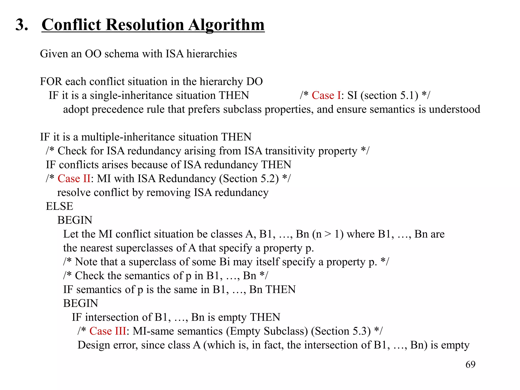 69
3. Conflict Resolution Algorithm
Given an OO schema with ISA hierarchies
FOR each conflict situation in the hierarchy DO
IF it is a single-inheritance situation THEN /* Case I: SI (section 5.1) */
adopt precedence rule that prefers subclass properties, and ensure semantics is understood
IF it is a multiple-inheritance situation THEN
/* Check for ISA redundancy arising from ISA transitivity property */
IF conflicts arises because of ISA redundancy THEN
/* Case II: MI with ISA Redundancy (Section 5.2) */
resolve conflict by removing ISA redundancy
ELSE
BEGIN
Let the MI conflict situation be classes A, B1, …, Bn (n > 1) where B1, …, Bn are
the nearest superclasses of A that specify a property p.
/* Note that a superclass of some Bi may itself specify a property p. */
/* Check the semantics of p in B1, …, Bn */
IF semantics of p is the same in B1, …, Bn THEN
BEGIN
IF intersection of B1, …, Bn is empty THEN
/* Case III: MI-same semantics (Empty Subclass) (Section 5.3) */
Design error, since class A (which is, in fact, the intersection of B1, …, Bn) is empty
 