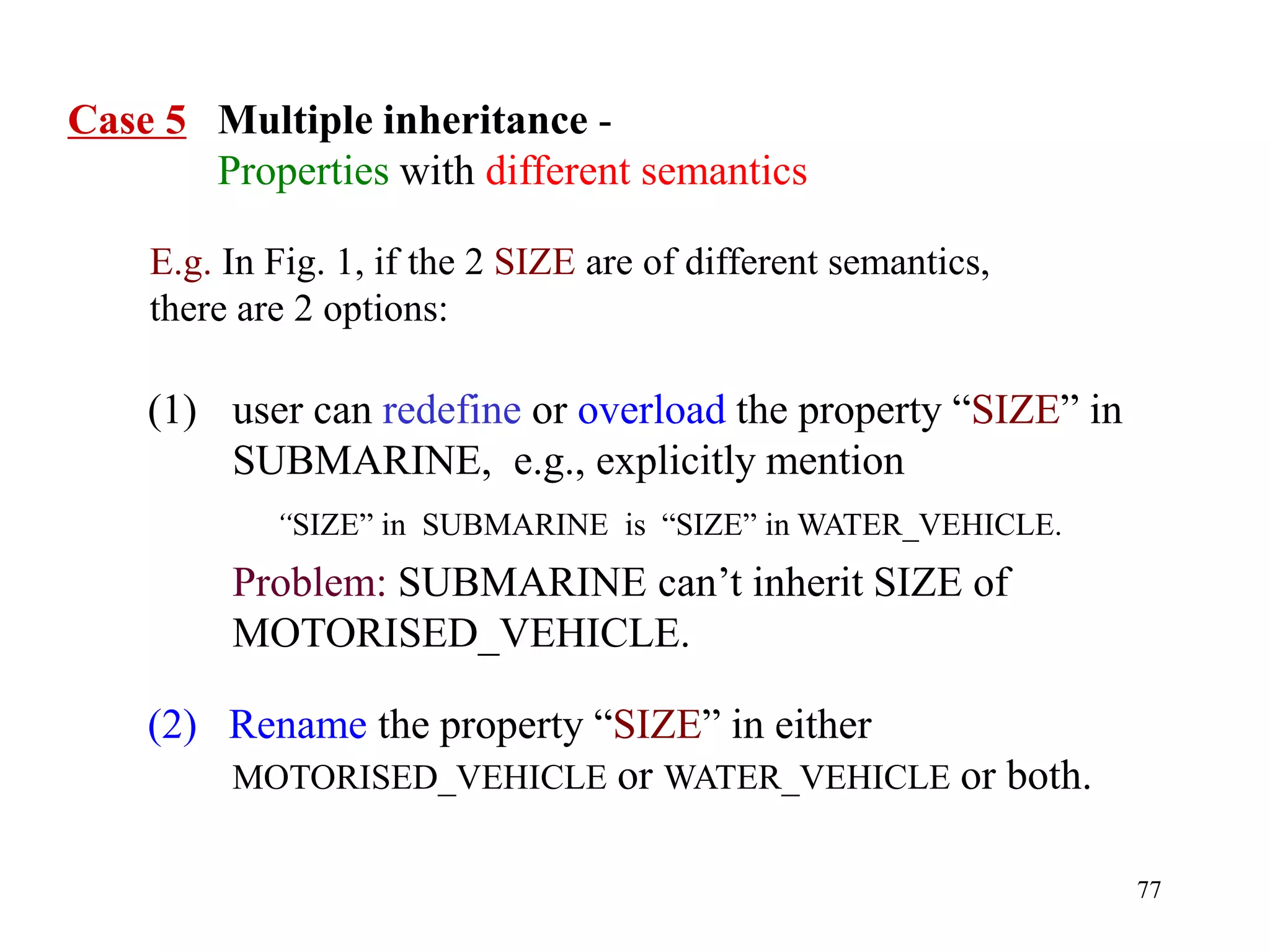 77
Case 5 Multiple inheritance -
Properties with different semantics
(1) user can redefine or overload the property “SIZE” in
SUBMARINE, e.g., explicitly mention
“SIZE” in SUBMARINE is “SIZE” in WATER_VEHICLE.
Problem: SUBMARINE can’t inherit SIZE of
MOTORISED_VEHICLE.
(2) Rename the property “SIZE” in either
MOTORISED_VEHICLE or WATER_VEHICLE or both.
E.g. In Fig. 1, if the 2 SIZE are of different semantics,
there are 2 options:
 