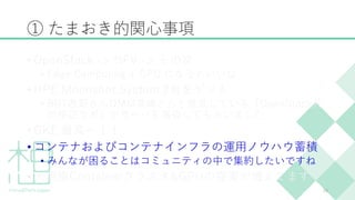 ① たまおき的関心事項
• OpenStack -> NFV -> その次
• Edge Computing + GPU になるといいな
• HPE Moonshot System 2台をゲット
• BBT西野さんDMM高嶋さんと推進している「OpenStack共
同検証ラボ」でサーバを増強してもらいました
• GKE 最高ー！！
• コンテナおよびコンテナインフラの運用ノウハウ蓄積
• みんなが困ることはコミュニティの中で集約したいですね
• 大規模Containerクラスタ&GPUの提案が増えてます
10
 