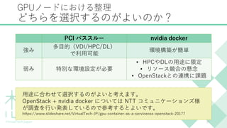 GPUノードにおける整理
どちらを選択するのがよいのか？
PCI パススルー nvidia docker
強み
多目的（VDI/HPC/DL）
で利用可能
環境構築が簡単
弱み 特別な環境設定が必要
• HPCやDLの用途に限定
• リソース競合の懸念
• OpenStackとの連携に課題
27
用途に合わせて選択するのがよいと考えます。
OpenStack + nvidia docker については NTT コミュニケーションズ様
が調査を行い発表しているので参考するとよいです。
https://www.slideshare.net/VirtualTech-JP/gpu-container-as-a-serviceoss-openstack-20177
 