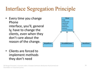 Interface Segregation Principle
   • Every time you change
     Phone
     interface, you’ll, general
     ly, have to change the
     clients, even when they
     don’t care about the
     reason of the change.

   • Clients are forced to
     implement methods
     they don’t need
OO Design Principles is licensed under a Creative Commons Attribution-NonCommercial-   39
ShareAlike 3.0 Unported License.
 