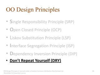 OO Design Principles
   •    Single Responsibility Principle (SRP)
   •    Open Closed Principle (OCP)
   •    Liskov Substitution Principle (LSP)
   •    Interface Segregation Principle (ISP)
   •    Dependency Inversion Principle (DIP)
   • Don’t Repeat Yourself (DRY)

OO Design Principles is licensed under a Creative Commons Attribution-NonCommercial-   50
ShareAlike 3.0 Unported License.
 