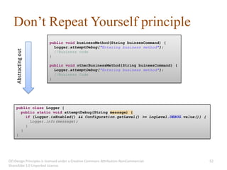 Don’t Repeat Yourself principle
                         public void businessMethod(String buinsesCommand) {
                           Logger.attemptDebug("Entering business method");
     Abstracting out




                           //Business code
                         }

                         public void otherBusinessMethod(String buinsesCommand) {
                           Logger.attemptDebug("Entering business method");
                           //Business Code
                         }




    public class Logger {
      public static void attemptDebug(String message) {
        if (Logger.isEnabled() && Configuration.getLevel() >= LogLevel.DEBUG.value()) {
          Logger.info(message);
        }
      }
    }




OO Design Principles is licensed under a Creative Commons Attribution-NonCommercial-      52
ShareAlike 3.0 Unported License.
 