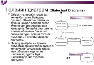 3
Төлвийн диаграм (Statechart Diagrams)
 Объект нь өөрийн гэсэн зан
төлөв ба төлөв байдалд
оршино. Объектын төлөв нь
тухайн нөхцөл байдал эсвэл
тухайн үйл ажиллагаанаас
хамаарна. Төлвийн диаграм нь
аливаа обьектын бүх л use
case-ийн турш оршин тогтнох
амьдралын циклийг дүрслэн
харуулна.
 Энэхүү диаграм нь тухайн
объектын оршиж болох бүхий л
төлвүүдийг үзүүлэхээс гадна
мөн объектыг өөр төлөвт
шилжихэд хүргэж буй
шилжилтүүдийг дүрслэн
харуулна.
Анхдагч т л вө ө
Эцсийн т л вө ө
 