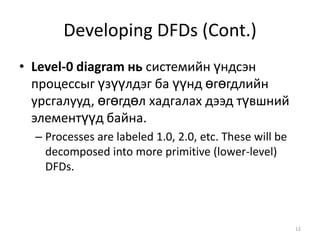 Developing DFDs (Cont.)Level-0 diagram нь системийн үндсэн процессыг үзүүлдэг ба үүнд өгөгдлийн урсгалууд, өгөгдөл хадгалах дээд түвшний элементүүд байна. Processes are labeled 1.0, 2.0, etc. These will be decomposed into more primitive (lower-level) DFDs.12