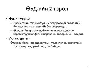 ӨУД-ийн 2 төрөлФизик урсгалПроцессийн түвшинүүд нь  тодорхой дараалалтай бөгөөд энэ нь өгөгдлийг боловсруулдаг.Өгөгдлийн урсгалууд болон өгөгдөл хадгалах хэрэгсэлүүдийг физик нэрээр нь тодорхойлж болдог. Логик урсгалӨгөгдөл болон процессуудын мэдээлэл нь системийн урсгалаар тодорхойлогдсон байдаг.19