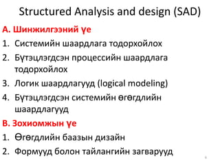 Structured Analysis and design (SAD)A. Шинжилгээний үеСистемийн шаардлага тодорхойлохБүтэцлэгдсэн процессийн шаардлага тодорхойлохЛогик шаардлагууд(logical modeling)Бүтэцлэгдсэн системийн өгөгдлийн шаардлагуудB. Зохиомжын үеӨгөгдлийн баазын дизайнФормууд болон тайлангийн загварууд 6