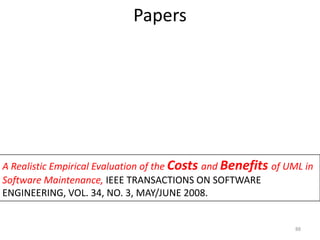 Other problem classes include the following:Diagram quality. UML lets architects represent one design in different ways. they can decompose a diagram that contains too many elements into several smaller diagrams. they can influence how easy the model is to understand and how it gets interpreted.Informal use. Architects sometimes use UML in a very sketchy manner. These diagrams deviatefrom official UML syntax, making their meaning ambiguous.Lack of modeling conventions. case studies show that engineers use UML according to individual habits. These habits might include layout conventions, commenting, visibility of methods and operations, and consistency between diagrams.80