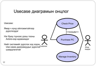 12
Usecase диаграмын онцлог
Usecase:
Ямар ч хүнд ойлгомжтойгоор
дүрслэгддэг
Нэг буюу түүнээс дээш тооны
Actors-оор идэвхиждэг
Нийт системийг дүрслэх хэд хэдэн
Use cases диаграмуудыг дүрслэх
шаардлагатай
Customer
Check Price
Purchase PC
Manage Inventory
Shop
keeper
<<include>>
 