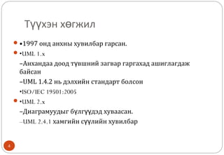 Т хэн х гжилүү ө
4
•1997 онд анхны хувилбар гарсан.
•UML 1.x
–Анхандаа доод т вшний загвар гаргахад ашиглагдажү
байсан
–UML 1.4.2 нь дэлхийн стандарт болсон
•ISO/IEC 19501:2005
•UML 2.x
–Диаграмуудыг б лг дэд хуваасан.ү үү
–UML 2.4.1 хамгийн с лийн хувилбарүү
 