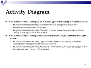 Activity Diagram
 йл ажиллагааны диаграм баҮ Ажлын урсгалын диаграмын ижил тал:
 йл ажиллагааны диаграмд Ажлын урсгалын диаграмын адилҮ йлү
ажиллагааны дараалал д рслэгддэгү
 йл ажиллагааны диаграмд Ажлын урсгалын диаграмын адилҮ процессын
салбар логик д рслэгдэх боломжтойү
 йл ажиллагааны диаграмынҮ Ажлын урсгалын диаграмаас ялгагдах
онцлог:
 Үйл ажиллагааны диаграмд дараалсан йлдл дээс гадна зэрэг эгшиндү үү
г йцэтгэгдэх йлд дийг д рслэх боломжтой.ү ү үү ү
 Үйл ажиллагааны диаграмд Хугацааны зэрэг эгшинд хийгдэх йлдл д нь нэгү үү
йл ажиллагаа руу нэгдэх боломжтой.ү
3
 