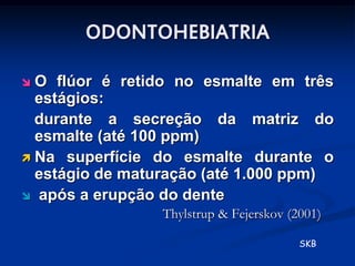 ODONTOHEBIATRIA

 O flúor é retido no esmalte em três
  estágios:
  durante a secreção da matriz do
  esmalte (até 100 ppm)
 Na superfície do esmalte durante o
  estágio de maturação (até 1.000 ppm)
 após a erupção do dente
                 Thylstrup & Fejerskov (2001)

                                         SKB
 