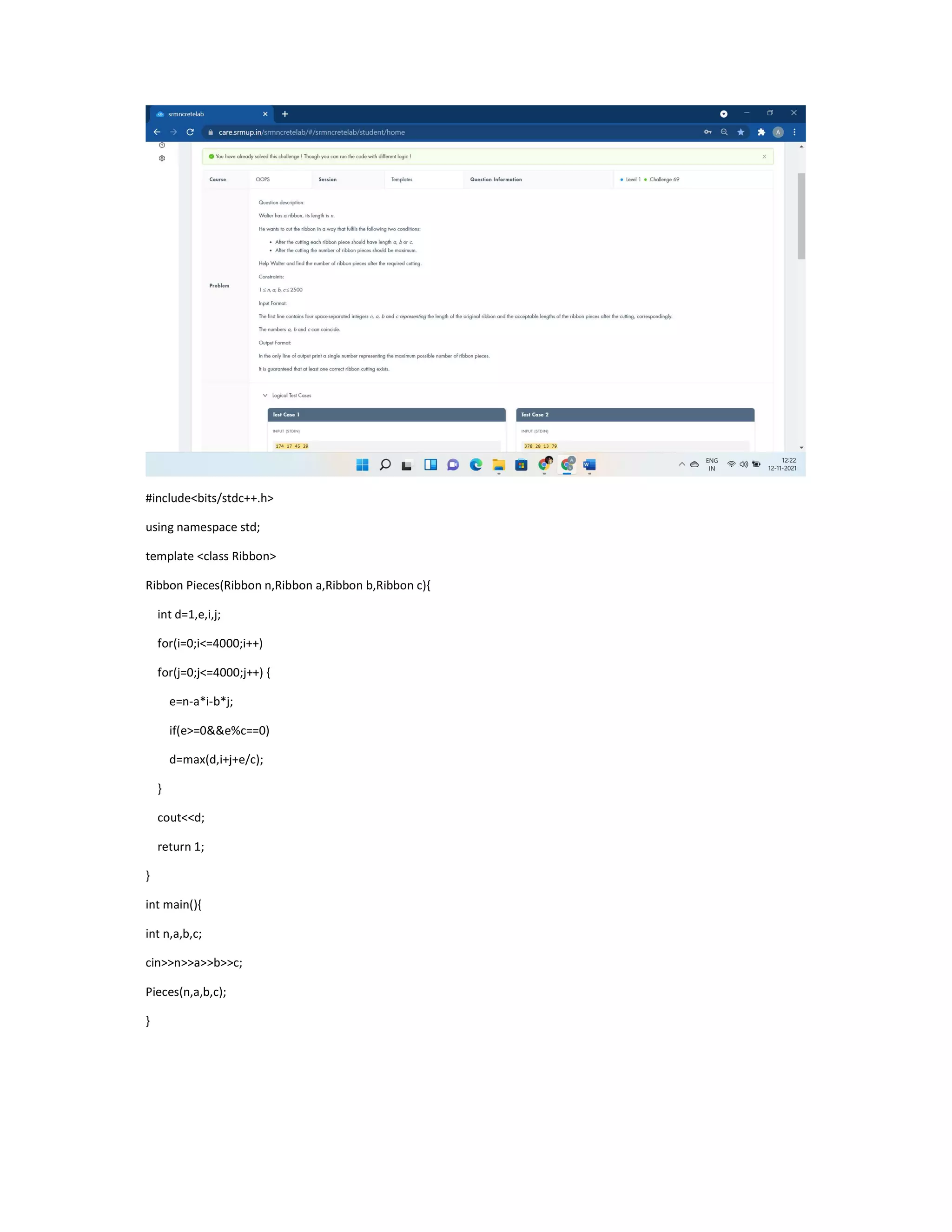 #include<bits/stdc++.h>
using namespace std;
template <class Ribbon>
Ribbon Pieces(Ribbon n,Ribbon a,Ribbon b,Ribbon c){
int d=1,e,i,j;
for(i=0;i<=4000;i++)
for(j=0;j<=4000;j++) {
e=n-a*i-b*j;
if(e>=0&&e%c==0)
d=max(d,i+j+e/c);
}
cout<<d;
return 1;
}
int main(){
int n,a,b,c;
cin>>n>>a>>b>>c;
Pieces(n,a,b,c);
}
 