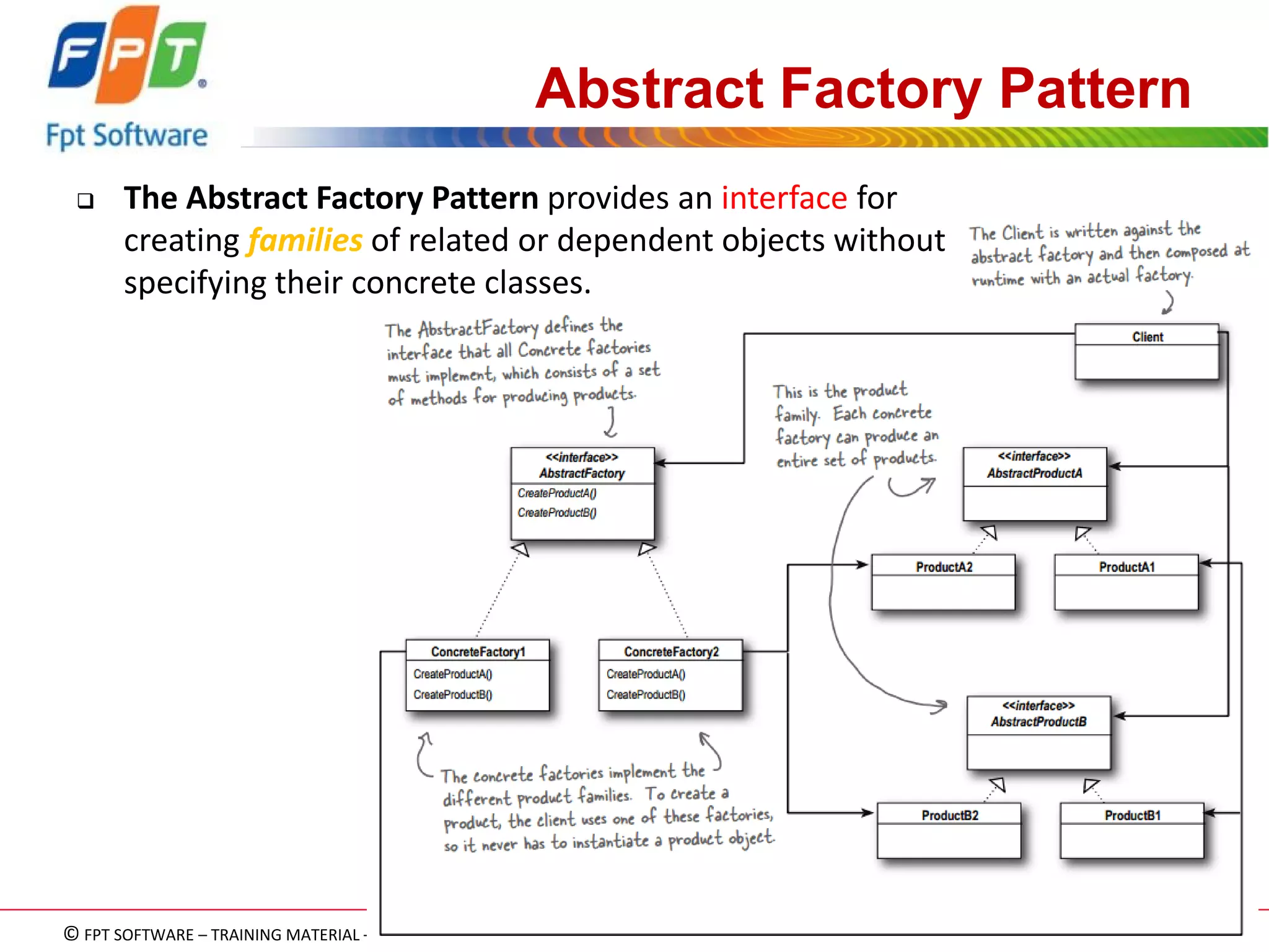 © FPT SOFTWARE – TRAINING MATERIAL – Internal use 
04e-BM/NS/HDCV/FSOFT v2/4 
103 
Abstract Factory Pattern 
The Abstract Factory Pattern provides an interface for creating families of related or dependent objects without specifying their concrete classes.  