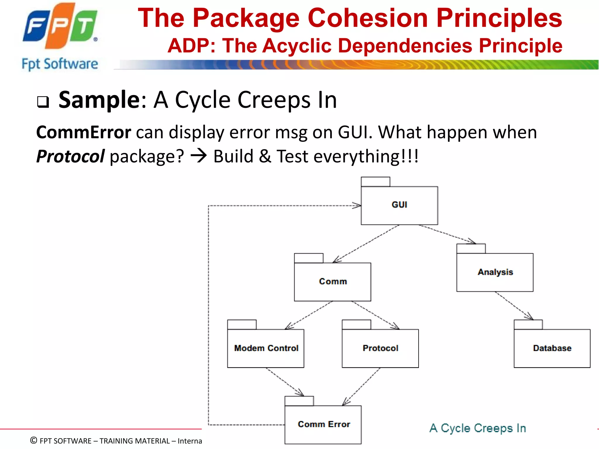 © FPT SOFTWARE – TRAINING MATERIAL – Internal use 
04e-BM/NS/HDCV/FSOFT v2/4 
44 
The Package Cohesion Principles ADP: The Acyclic Dependencies Principle 
Sample: A Cycle Creeps In 
CommError can display error msg on GUI. What happen when Protocol package?  Build & Test everything!!!  