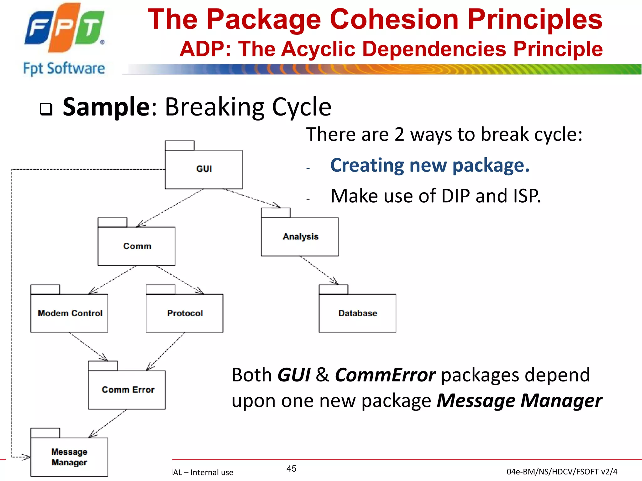 © FPT SOFTWARE – TRAINING MATERIAL – Internal use 
04e-BM/NS/HDCV/FSOFT v2/4 
45 
The Package Cohesion Principles ADP: The Acyclic Dependencies Principle 
Sample: Breaking Cycle 
There are 2 ways to break cycle: 
-Creating new package. 
-Make use of DIP and ISP. 
Both GUI & CommError packages depend upon one new package Message Manager  