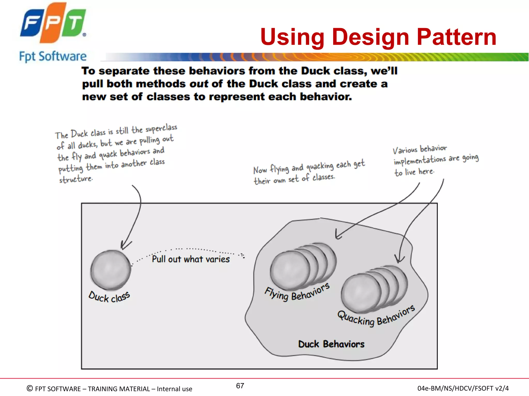 © FPT SOFTWARE – TRAINING MATERIAL – Internal use 
04e-BM/NS/HDCV/FSOFT v2/4 
67 
Using Design Pattern  