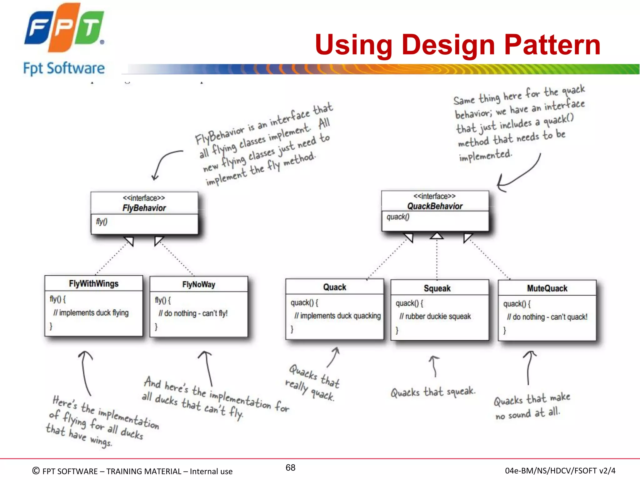 © FPT SOFTWARE – TRAINING MATERIAL – Internal use 
04e-BM/NS/HDCV/FSOFT v2/4 
68 
Using Design Pattern 
 