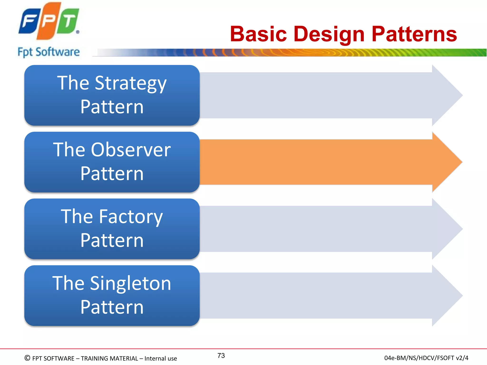 © FPT SOFTWARE – TRAINING MATERIAL – Internal use 
04e-BM/NS/HDCV/FSOFT v2/4 
73 
Basic Design Patterns 
The Strategy Pattern 
The Observer Pattern 
The Factory Pattern 
The Singleton Pattern  
