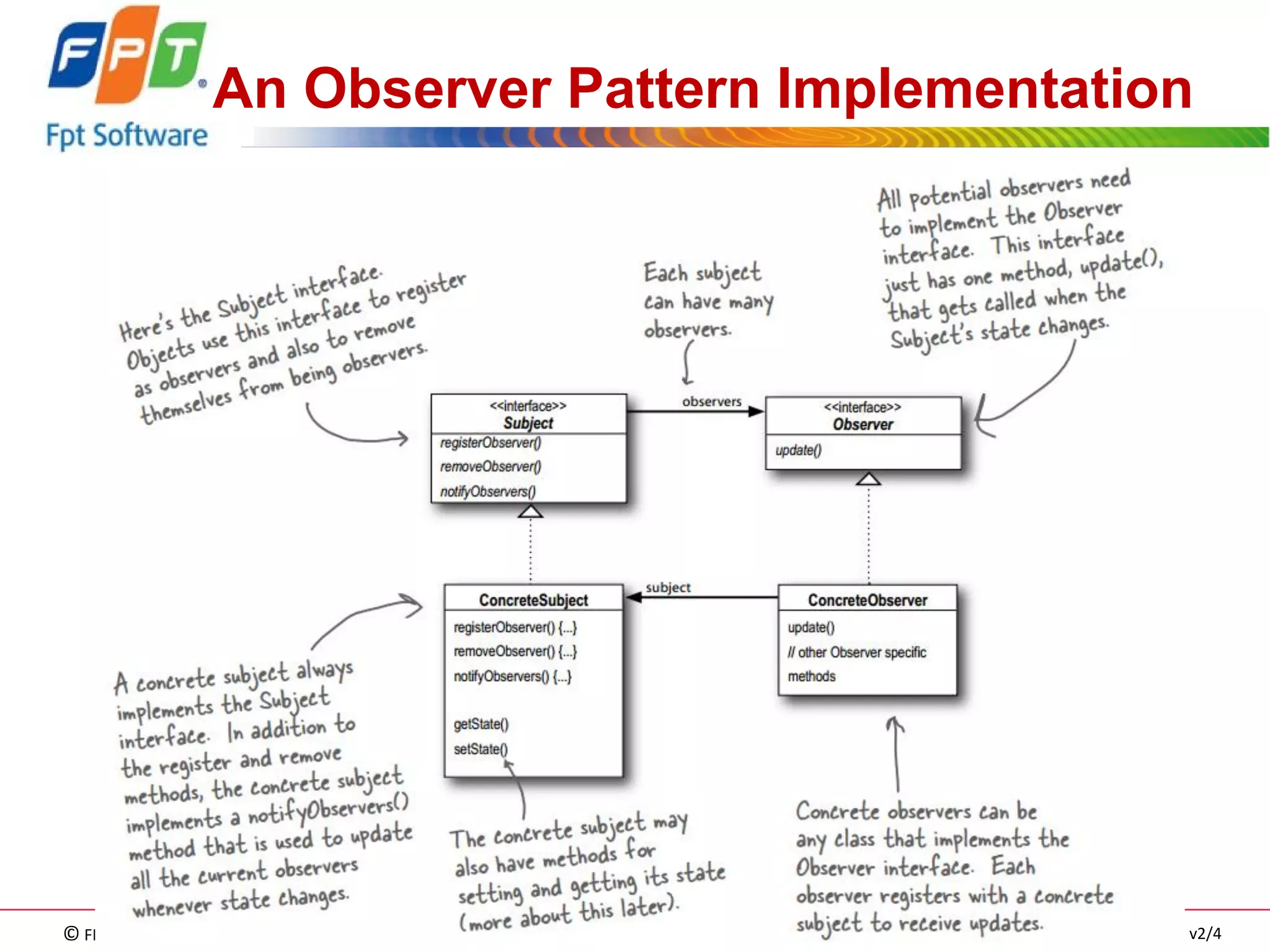 © FPT SOFTWARE – TRAINING MATERIAL – Internal use 
04e-BM/NS/HDCV/FSOFT v2/4 
80 
An Observer Pattern Implementation 
 