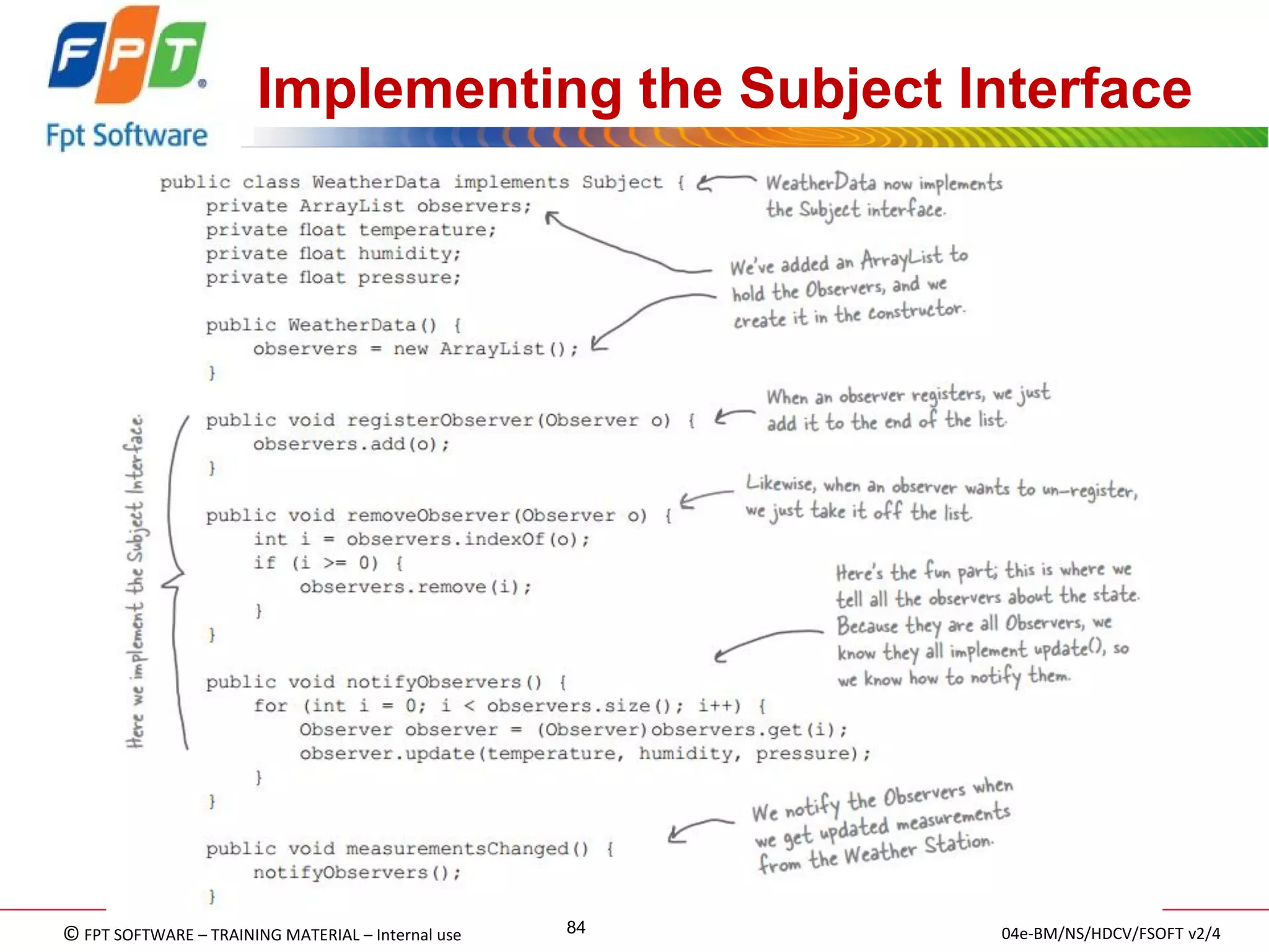 © FPT SOFTWARE – TRAINING MATERIAL – Internal use 
04e-BM/NS/HDCV/FSOFT v2/4 
84 
Implementing the Subject Interface 
 