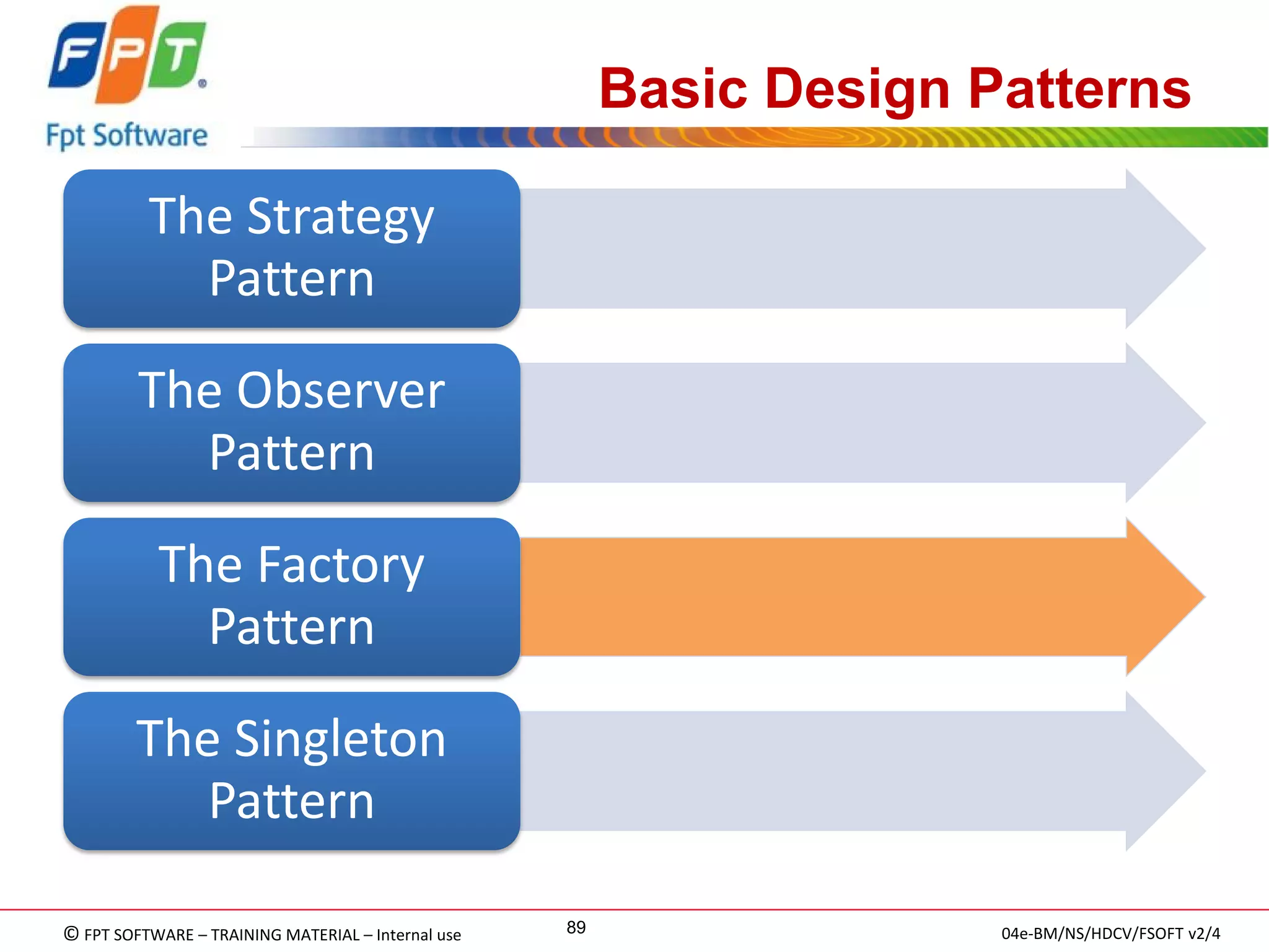 © FPT SOFTWARE – TRAINING MATERIAL – Internal use 
04e-BM/NS/HDCV/FSOFT v2/4 
89 
Basic Design Patterns 
The Strategy Pattern 
The Observer Pattern 
The Factory Pattern 
The Singleton Pattern  