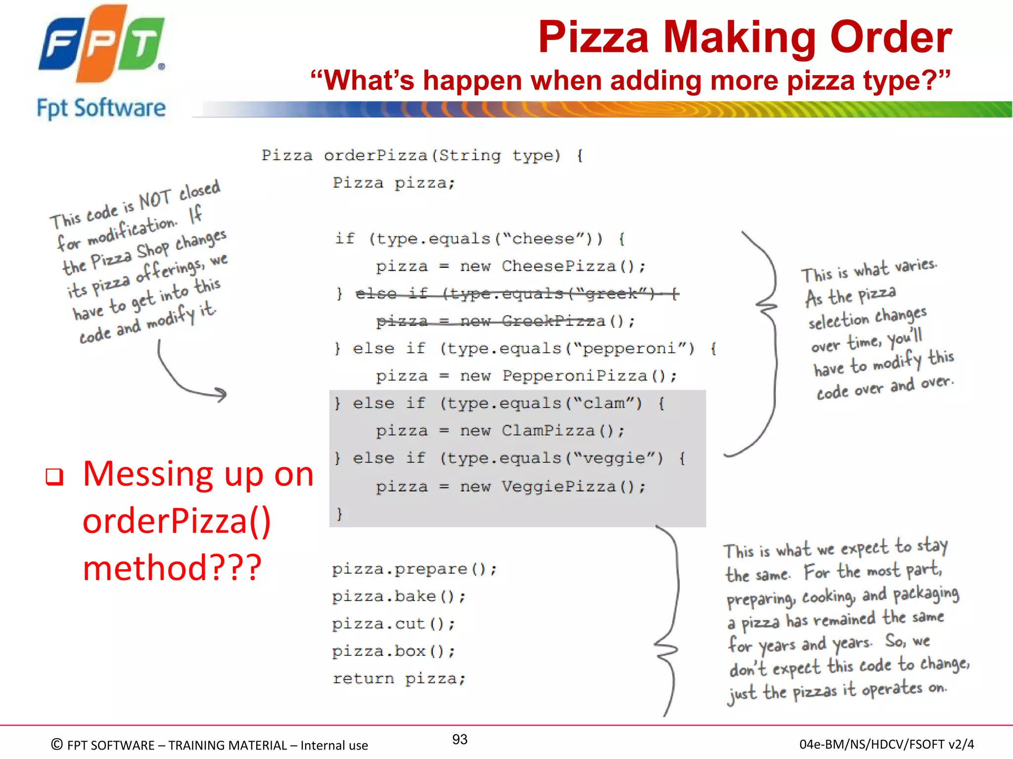 © FPT SOFTWARE – TRAINING MATERIAL – Internal use 
04e-BM/NS/HDCV/FSOFT v2/4 
93 
Pizza Making Order “What’s happen when adding more pizza type?” 
Messing up on orderPizza() method???  