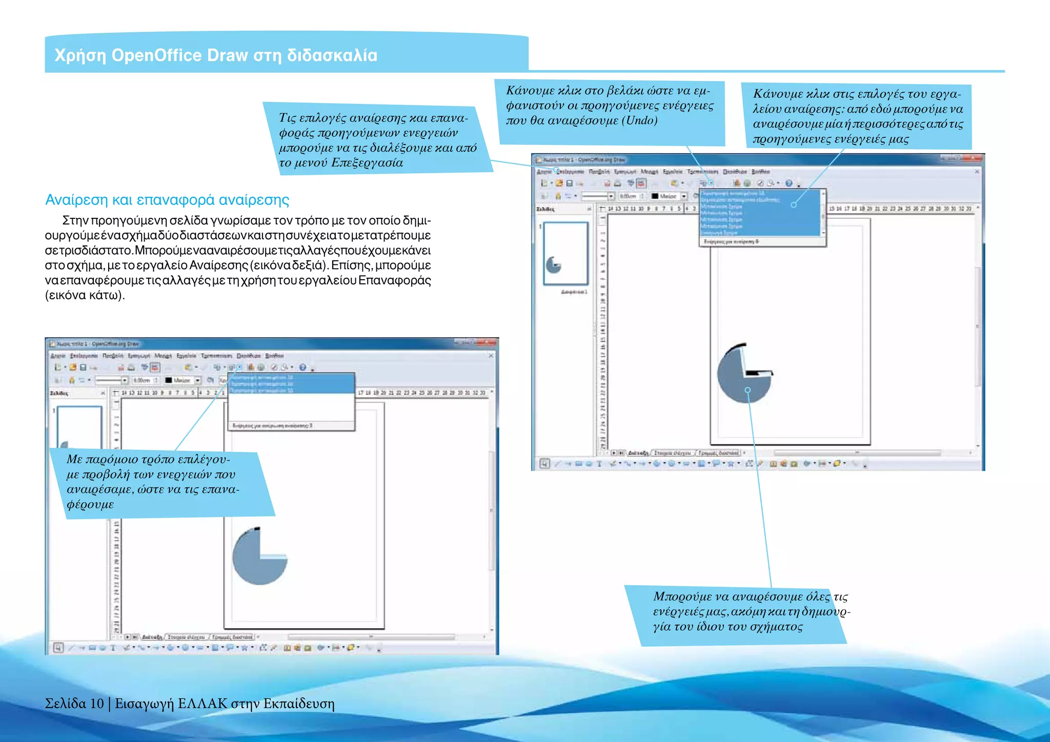 Χρήση OpenOffice Draw στη διδασκαλία
                                                                              Kάνουμε κλικ στο βελάκι ώστε να εμ-       Κάνουμε κλικ στις επιλογές του εργα-
                                                                              φανιστούν οι προηγούμενες ενέργειες       λείου αναίρεσης: από εδώ μπορούμε να
                                         Τις επιλογές αναίρεσης και επανα-    που θα αναιρέσουμε (Undo)                 αναιρέσουμε μία ή περισσότερες από τις
                                         φοράς προηγούμενων ενεργειών                                                   προηγούμενες ενέργειές μας
                                         μπορούμε να τις διαλέξουμε και από
                                         το μενού Επεξεργασία


Aναίρεση και επαναφορά αναίρεσης
    Στην προηγούμενη σελίδα γνωρίσαμε τον τρόπο με τον οποίο δημι-
ουργούμε ένα σχήμα δύο διαστάσεων και στη συνέχεια το μετατρέπουμε
σετρισδιάστατο.Μπορούμενααναιρέσουμετιςαλλαγέςπουέχουμεκάνει
στο σχήμα, με το εργαλείο Αναίρεσης (εικόνα δεξιά). Επίσης, μπορούμε
να επαναφέρουμε τις αλλαγές με τη χρήση του εργαλείου Επαναφοράς
(εικόνα κάτω).




   Mε παρόμοιο τρόπο επιλέγου-
   με προβολή των ενεργειών που
   αναιρέσαμε, ώστε να τις επανα-
   φέρουμε




                                                                                                      Μπορούμε να αναιρέσουμε όλες τις
                                                                                                      ενέργειές μας, ακόμη και τη δημιουρ-
                                                                                                      γία του ίδιου του σχήματος




Σελίδα 10 | Εισαγωγή ΕΛΛΑΚ στην Εκπαίδευση
 