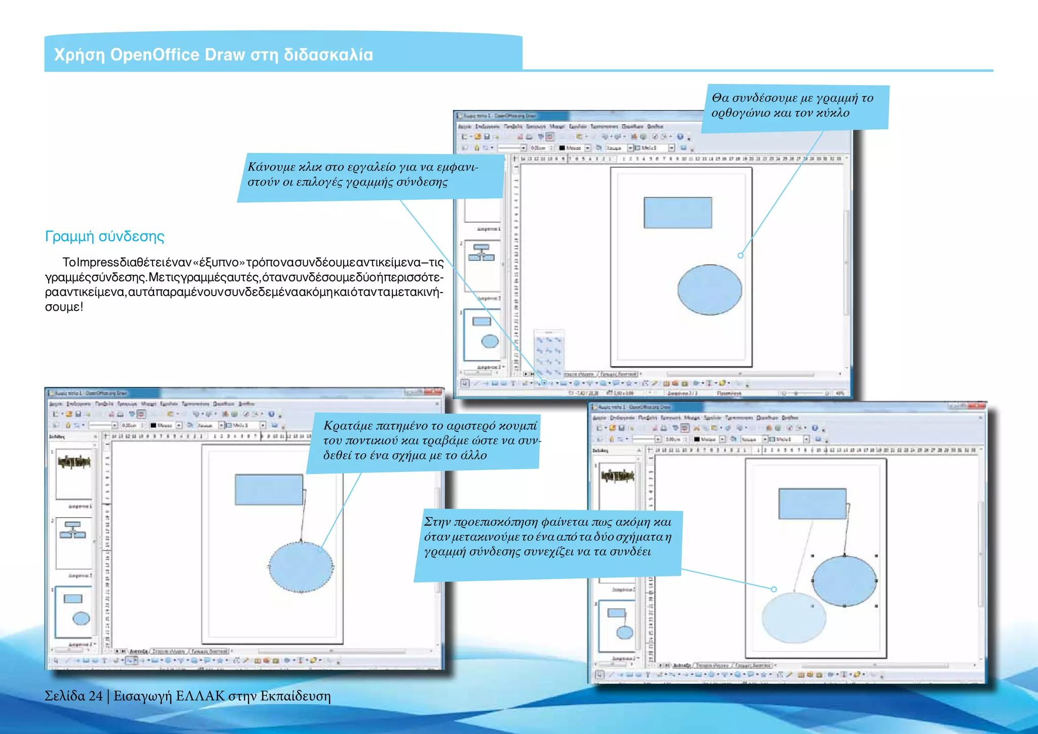 Χρήση OpenOffice Draw στη διδασκαλία

                                                                                                                    Θα συνδέσουμε με γραμμή το
                                                                                                                    ορθογώνιο και τον κύκλο



                                     Kάνουμε κλικ στο εργαλείο για να εμφανι-
                                     στούν οι επιλογές γραμμής σύνδεσης



Γραμμή σύνδεσης
   Το Impress διαθέτει έναν «έξυπνο» τρόπο να συνδέουμε αντικείμενα – τις
γραμμέςσύνδεσης.Μετιςγραμμέςαυτές,ότανσυνδέσουμεδύοήπερισσότε-
ρα αντικείμενα, αυτά παραμένουν συνδεδεμένα ακόμη και όταν τα μετακινή-
σουμε!




                                                  Κρατάμε πατημένο το αριστερό κουμπί
                                                  του ποντικιού και τραβάμε ώστε να συν-
                                                  δεθεί το ένα σχήμα με το άλλο




                                                                     Στην προεπισκόπηση φαίνεται πως ακόμη και
                                                                     όταν μετακινούμε το ένα από τα δύο σχήματα η
                                                                     γραμμή σύνδεσης συνεχίζει να τα συνδέει




Σελίδα 24 | Εισαγωγή ΕΛΛΑΚ στην Εκπαίδευση
 