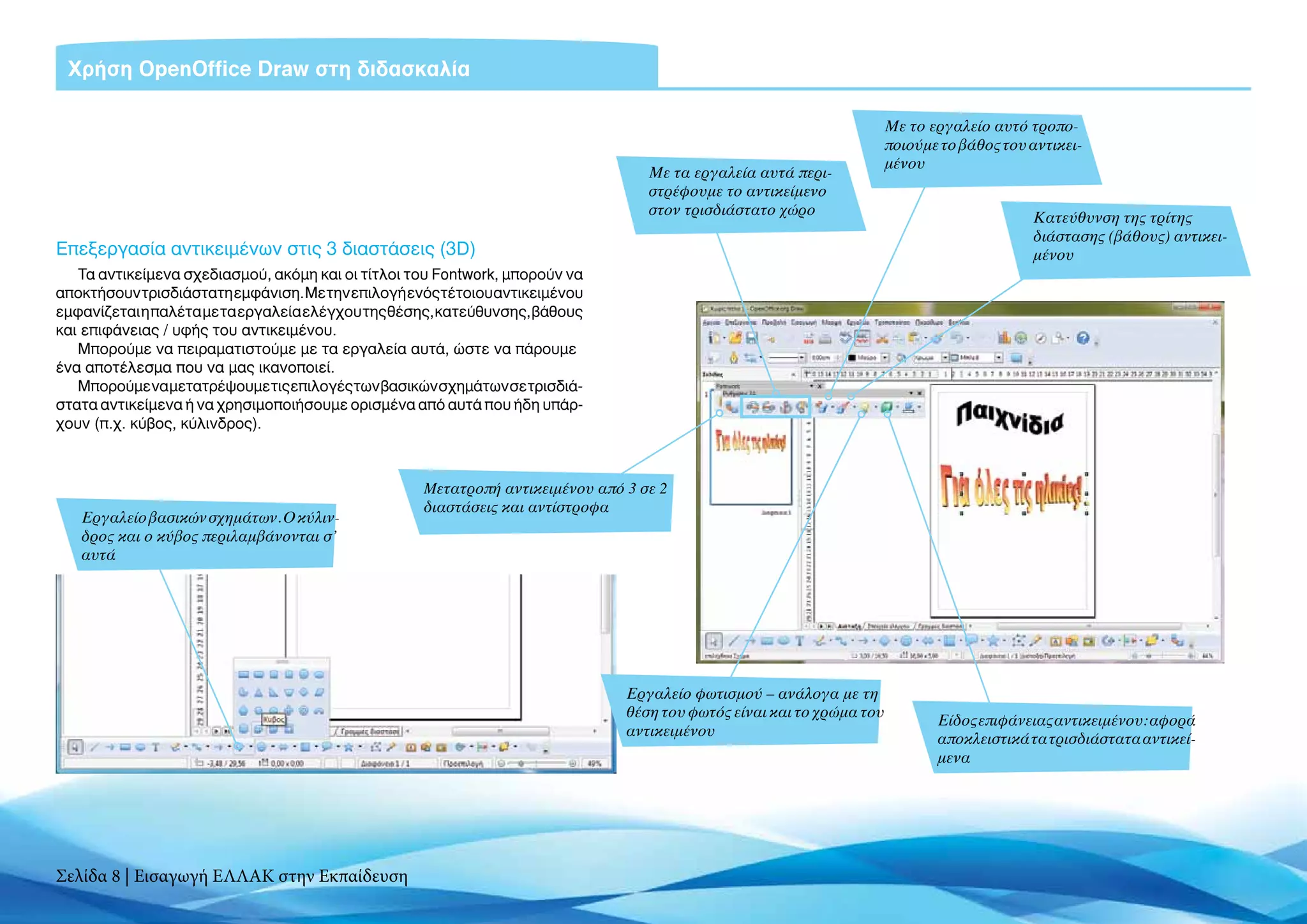 Χρήση OpenOffice Draw στη διδασκαλία

                                                                                                                      Με το εργαλείο αυτό τροπο-
                                                                                                                      ποιούμε το βάθος του αντικει-
                                                                                                                      μένου
                                                                                 Με τα εργαλεία αυτά περι-
                                                                                 στρέφουμε το αντικείμενο
                                                                                 στον τρισδιάστατο χώρο
                                                                                                                                           Κατεύθυνση της τρίτης
                                                                                                                                           διάστασης (βάθους) αντικει-
Επεξεργασία αντικειμένων στις 3 διαστάσεις (3D)                                                                                            μένου
   Τα αντικείμενα σχεδιασμού, ακόμη και οι τίτλοι του Fontwork, μπορούν να
αποκτήσουν τρισδιάστατη εμφάνιση. Με την επιλογή ενός τέτοιου αντικειμένου
εμφανίζεται η παλέτα με τα εργαλεία ελέγχου της θέσης, κατεύθυνσης, βάθους
και επιφάνειας / υφής του αντικειμένου.
   Μπορούμε να πειραματιστούμε με τα εργαλεία αυτά, ώστε να πάρουμε
ένα αποτέλεσμα που να μας ικανοποιεί.
   Μπορούμε να μετατρέψουμε τις επιλογές των βασικών σχημάτων σε τρισδιά-
στατα αντικείμενα ή να χρησιμοποιήσουμε ορισμένα από αυτά που ήδη υπάρ-
χουν (π.χ. κύβος, κύλινδρος).



                                                   Mετατροπή αντικειμένου από 3 σε 2
                                                   διαστάσεις και αντίστροφα
   Εργαλείο βασικών σχημάτων. Ο κύλιν-
   δρος και ο κύβος περιλαμβάνονται σ’
   αυτά




                                                                              Εργαλείο φωτισμού – ανάλογα με τη
                                                                              θέση του φωτός είναι και το χρώμα του
                                                                                                                             Είδος επιφάνειας αντικειμένου: αφορά
                                                                              αντικειμένου
                                                                                                                             αποκλειστικά τα τρισδιάστατα αντικεί-
                                                                                                                             μενα




Σελίδα 8 | Εισαγωγή ΕΛΛΑΚ στην Εκπαίδευση
 