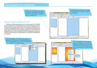 Χρήση OpenOffice Draw στη διδασκαλία


                                                                               To αντικείμενο έχει καλύψει ολόκληρη
                                        Μπορούμε να επιλέξουμε ένα σχήμα,      τη σελίδα. Πλέον λειτουργεί ως φόντο
                                        το οποίο να επικαλύψει ολόκληρη τη     για τη σελίδα
                                        σελίδα και στη συνέχεια να τροποποι-
                                        ήσουμε το χρώμα του




Χρήση αντικειμένου σχεδίασης ως φόντο
   Αν θέλουμε να δημιουργήσουμε ένα εντυπωσιακό φόντο στη σελίδα
μας, τότε μπορούμε να τοποθετήσουμε μια εικόνα από αρχείο με μεγά-
λες διαστάσεις ή να χρησιμοποιήσουμε ένα αντικείμενο σχεδίασης. Ένα
αντικείμενο σχεδίασης μπορεί να έχει ό,τι σχήμα θέλουμε. Μπορούμε
επίσηςνατροποποιήσουμεκαιτοχρώμαγεμίσματόςτου.Οιεπιλογέςείναι
καθαρά δικές μας, φτάνει το χρώμα ή η εικόνα που θα χρησιμοποιήσουμε
ως φόντο να μην αποσπά την προσοχή από τις υπόλοιπες πληροφορίες
της σελίδας.



   Eκτός από χρώμα, για το φόντο του σχήματος
   μπορούμε να επιλέξουμε μια διαβάθμιση χρωμά-
   των. Οι διαβαθμίσεις είναι αρκετά εντυπωσιακές,                                  Για να μεταφέρουμε το αντικείμενο-
   όταν η χρήση τους γίνεται με μέτρο                                               φόντο της σελίδας μας πίσω από τα
                                                                                    υπόλοιπα αντικείμενα, κάνουμε δεξί
                                                                                    κλικ πάνω του και στη συνέχεια επιλέ-
                                                                                    γουμε «Τακτοποίηση» και «Μεταφορά
                                                                                    πίσω»




Σελίδα 14 | Εισαγωγή ΕΛΛΑΚ στην Εκπαίδευση
 