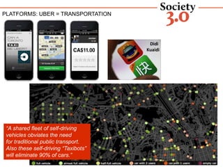 TRENDS
Didi
Kuaidi
“A shared fleet of self-driving
vehicles obviates the need
for traditional public transport.
Also these self-driving “Taxibots”
will eliminate 90% of cars.”
PLATFORMS: UBER = TRANSPORTATION
 