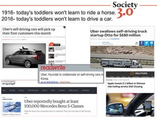 GAMING PLATFORMS
Apple invests $ 1 billion in Chinese
ride-hailing service Didi Chuxing
1916- today's toddlers won't learn to ride a horse.
2016- today's toddlers won't learn to drive a car.
 