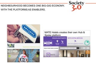 COLLABORATIVE SERVICE ECONOMY
NEIGHBOURHOOD BECOMES ONE BIG-GIG ECONOMY,
WITH THE PLATFORMS AS ENABLERS.
MATE Hotels creates their own Hub &
Spoke platform
 
