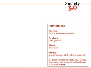 TEN YEARS AGO
YouTube,
the first video was uploaded
Facebook,
just a year old
Bitcoin,
didn't exist
Android,
a small startup that Google just acquired
6.4 billion humans on Earth, only ~1 billion
were online, and none of them had heard
of Uber or AirBnb
 