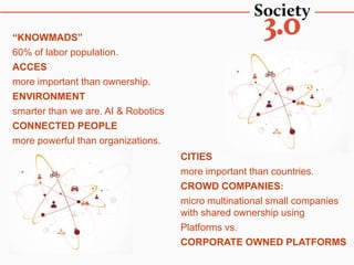 CITIES
more important than countries.
CROWD COMPANIES:
micro multinational small companies
with shared ownership using
Platforms vs.
CORPORATE OWNED PLATFORMS
“KNOWMADS”
60% of labor population.
ACCES
more important than ownership.
ENVIRONMENT
smarter than we are. AI & Robotics
CONNECTED PEOPLE
more powerful than organizations.
 
