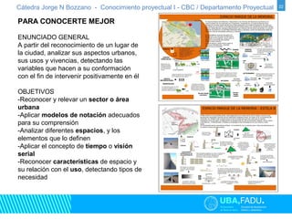 Cátedra Jorge N Bozzano - Conocimiento proyectual I - CBC / Departamento Proyectual 22 
PARA CONOCERTE MEJOR 
ENUNCIADO GENERAL 
A partir del reconocimiento de un lugar de 
la ciudad, analizar sus aspectos urbanos, 
sus usos y vivencias, detectando las 
variables que hacen a su conformación 
con el fin de intervenir positivamente en él 
OBJETIVOS 
-Reconocer y relevar un sector o área 
urbana 
-Aplicar modelos de notación adecuados 
para su comprensión 
-Analizar diferentes espacios, y los 
elementos que lo definen 
-Aplicar el concepto de tiempo o visión 
serial 
-Reconocer características de espacio y 
su relación con el uso, detectando tipos de 
necesidad 
 