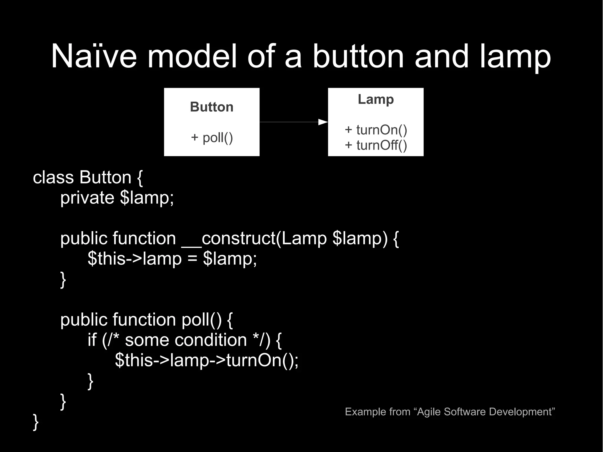 Naïve model of a button and lamp Lamp Button + turnOn() + poll() + turnOff() class Button { private $lamp; public function __construct(Lamp $lamp) { $this->lamp = $lamp; } public function poll() { if (/* some condition */) { $this->lamp->turnOn(); } } Example from “Agile Software Development” } 