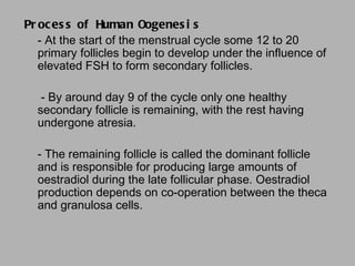 Pr oc es s of Human Oogenes i s
   - At the start of the menstrual cycle some 12 to 20
   primary follicles begin to develop under the influence of
   elevated FSH to form secondary follicles.
 
    - By around day 9 of the cycle only one healthy
   secondary follicle is remaining, with the rest having
   undergone atresia.
 
   - The remaining follicle is called the dominant follicle
   and is responsible for producing large amounts of
   oestradiol during the late follicular phase. Oestradiol
   production depends on co-operation between the theca
   and granulosa cells.
 
 