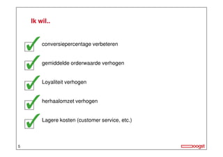 Ik wil..

conversiepercentage verbeteren

gemiddelde orderwaarde verhogen

Loyaliteit verhogen

herhaalomzet verhogen

Lagere kosten (customer service, etc.)

5

 
