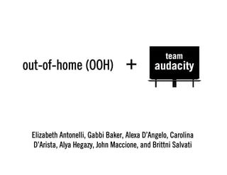 out-of-home (OOH)                 +


 Elizabeth Antonelli, Gabbi Baker, Alexa D’Angelo, Carolina
 D’Arista, Alya Hegazy, John Maccione, and Brittni Salvati
 